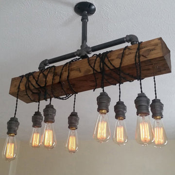 Industrial 8-Light Wood Beam Plumbing Pipe Hanging Bulbs Island Pendant Light
